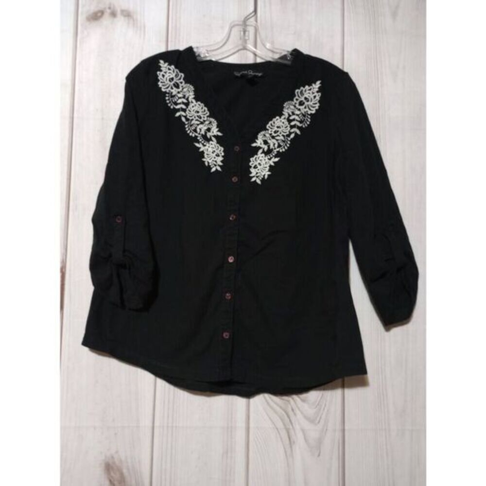 French Laundry Womens Black Floral‎ Embroidered Roll Tab 3/4 Sleeve Top Large